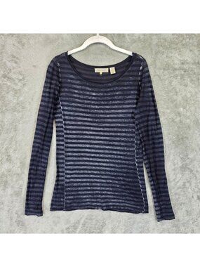 Inhabit T-Shirt Womens Size P Blue Striped Sheer Scoop Neck Knit Long Sleeve